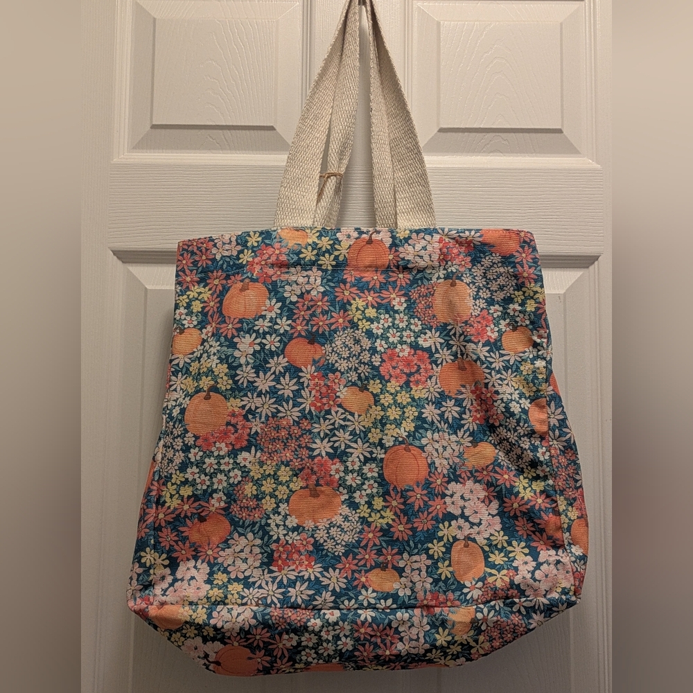 Rachel Ashwell Shabby Chic Floral and Pumpkins Print Canvas Tote Bag